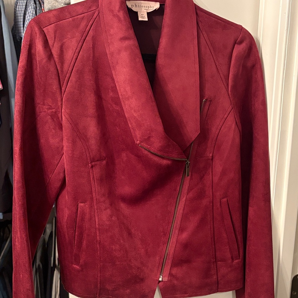 Philosophy Burgundy Suede-Look Asymmetrical Moto Jacket